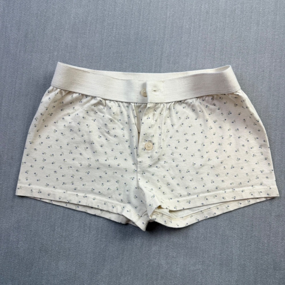 Brandy Melville Floral Boxer Shorts Cream Blue Cotton Loungewear One Size